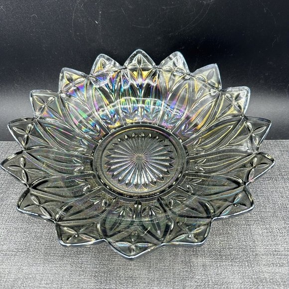 Federal Glass Bowl Petal Pattern Smoke Iridescent Amethyst Carnival 10.25" Vtg - Picture 11 of 12